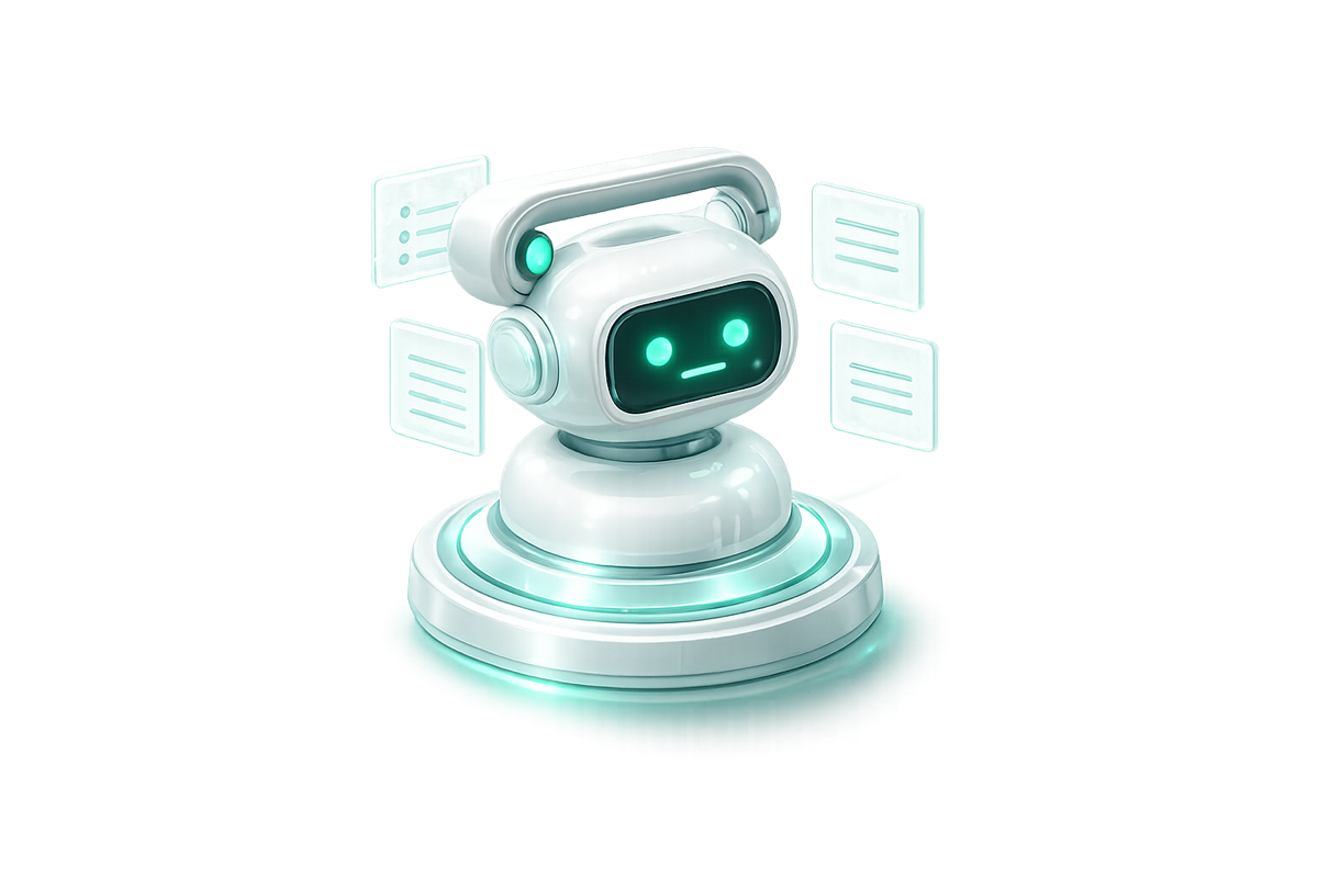 AI agent robot with floating knowledge panels