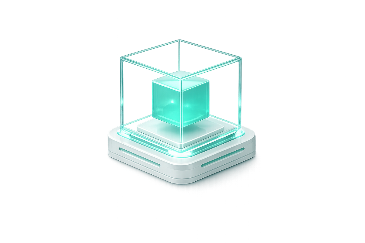 Custom AI product cube in glass enclosure