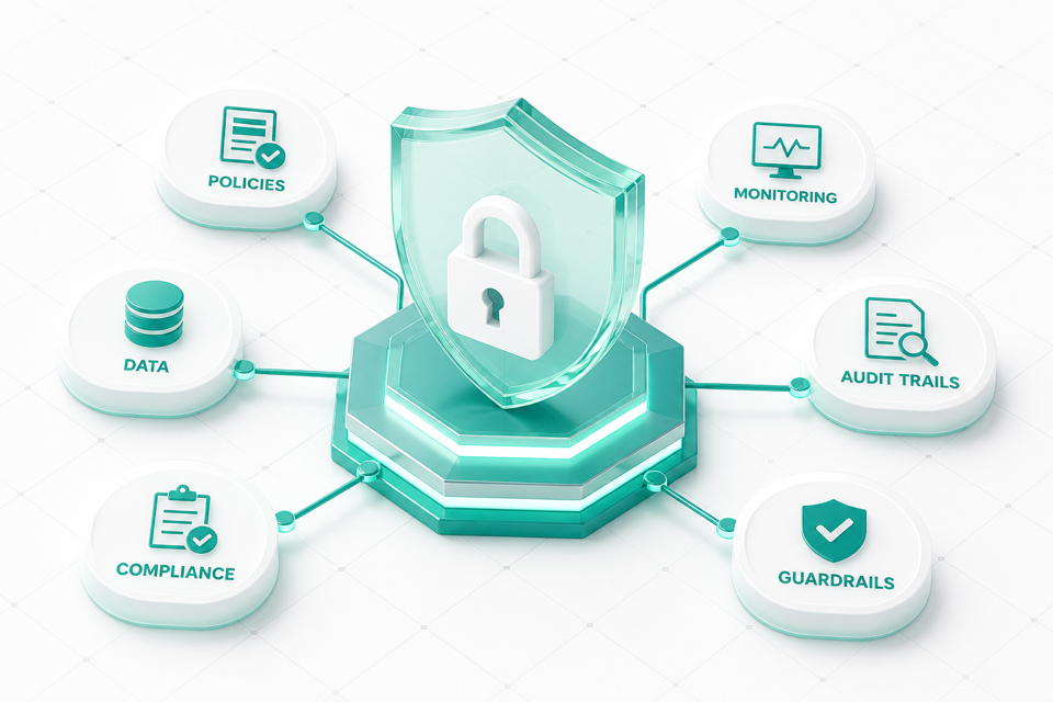 Security shield with policies, data protection, compliance, monitoring, audit trails and guardrails