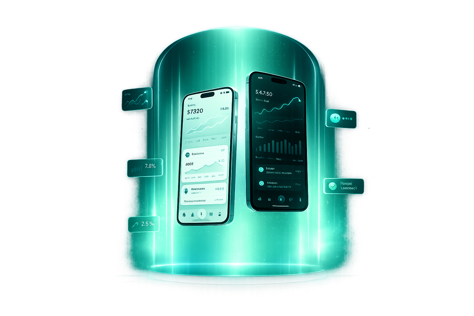 Mobile app engineering showcase — twin phones with live analytics in a teal light field